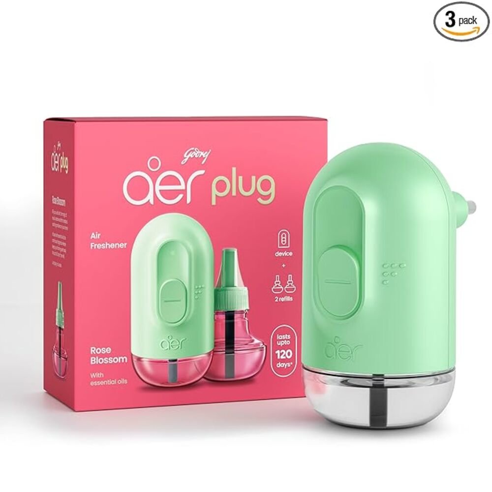 Godrej aer Plug Electric Air Freshener 2 Refills (20ml each)|Rose Blossom|Lasts up to 120 days Liquid