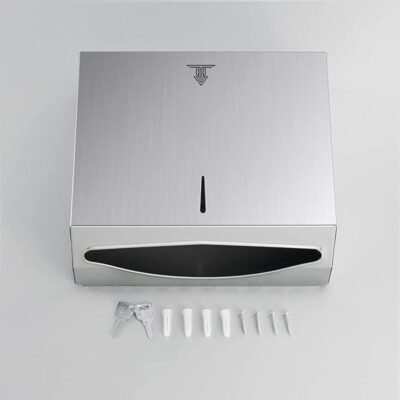 Stainless Steel Tissue Paper Dispenser Wall Mounted | Heavy Duty Steel Dispenser for Bathroom | M Fold Tissue Dispenser, Paper Towel Dispenser with Lock | 28 cm (H) X 26.5 cm (L) X 10 cm (W)